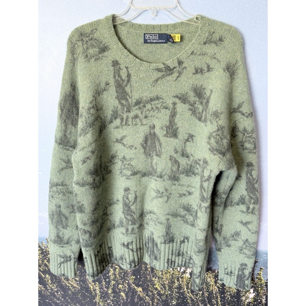 XL Polo Ralph Lauren Men's Green Wool Knit Crewneck Hunting Dog Graphic Sweater - Picture 1 of 7
